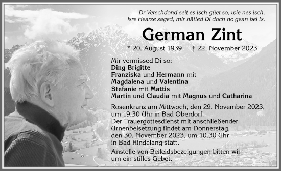 Traueranzeige von German Zint von Allgäuer Anzeigeblatt