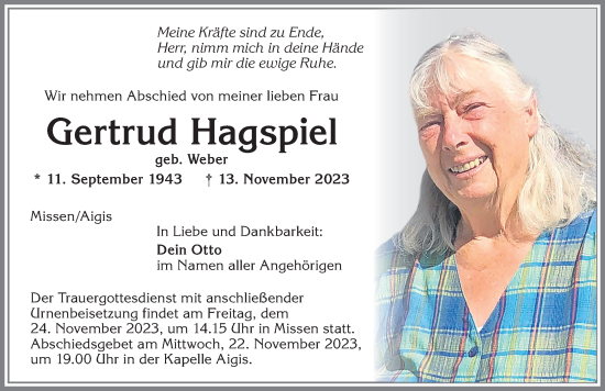 Traueranzeige von Gertrud Hagspiel von Allgäuer Anzeigeblatt