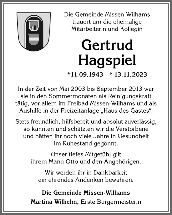 Traueranzeige von Gertrud Hagspiel von Allgäuer Anzeigeblatt