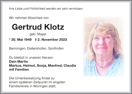 Traueranzeige von Gertrud Klotz von Memminger Zeitung