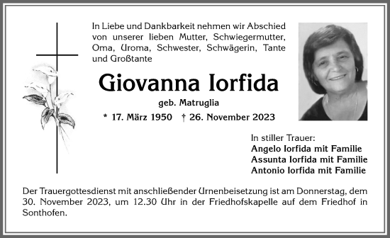 Traueranzeige von Giovanna Iorfida von Allgäuer Anzeigeblatt