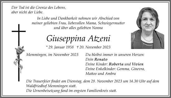 Traueranzeige von Giuseppina Atzeni von Memminger Zeitung