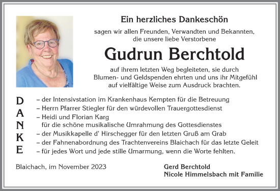 Traueranzeige von Gudrun Berchtold von Allgäuer Anzeigeblatt