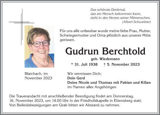 Traueranzeige von Gudrun Berchtold von Allgäuer Anzeigeblatt