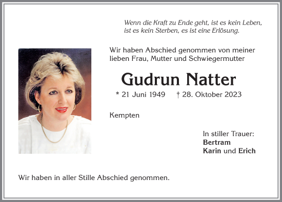 Traueranzeige von Gudrun Natter von Allgäuer Zeitung,Kempten