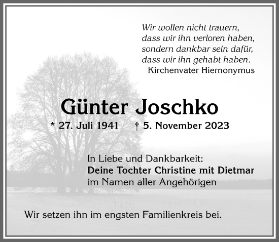 Traueranzeige von Günter Joschko von Allgäuer Anzeigeblatt