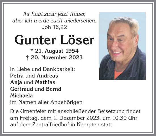 Traueranzeige von Gunter Löser von Allgäuer Zeitung,Kempten