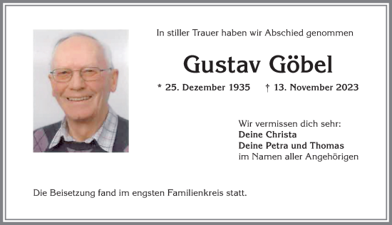 Traueranzeige von Gustav Göbel von Allgäuer Anzeigeblatt