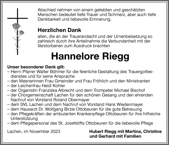 Traueranzeige von Hannelore Riegg von Memminger Zeitung