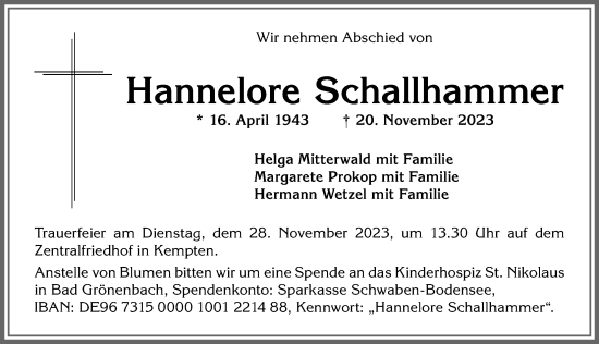 Traueranzeige von Hannelore Schallhammer von Allgäuer Zeitung,Kempten