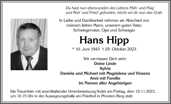 Traueranzeige von Hans Hipp von Allgäuer Zeitung, Füssen