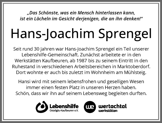Traueranzeige von Hans-Joachim Sprengel von Allgäuer Zeitung, Marktoberdorf