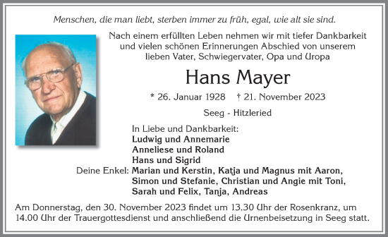 Traueranzeige von Hans Mayer von Allgäuer Zeitung, Füssen