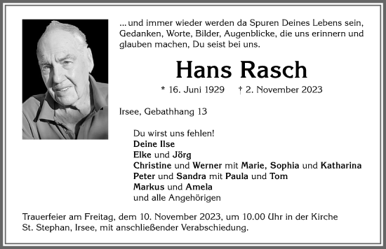 Traueranzeige von Hans Rasch von Allgäuer Zeitung, Kaufbeuren/Buchloe