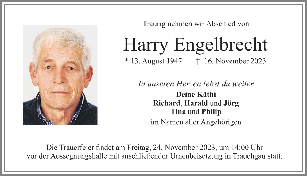  Traueranzeige für Harry Engelbrecht vom 23.11.2023 aus Allgäuer Zeitung, Füssen