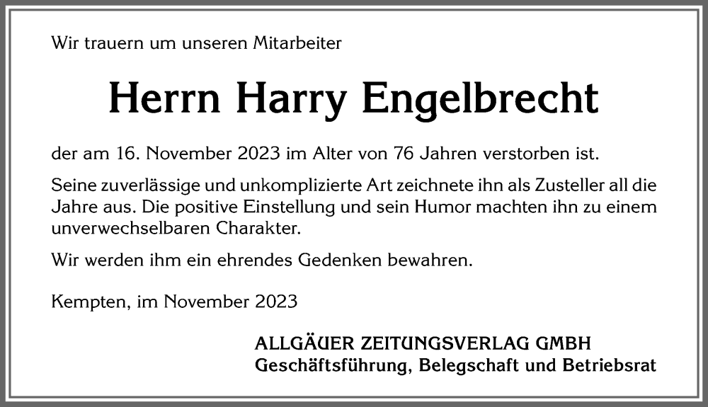  Traueranzeige für Harry Engelbrecht vom 23.11.2023 aus Allgäuer Zeitung, Füssen
