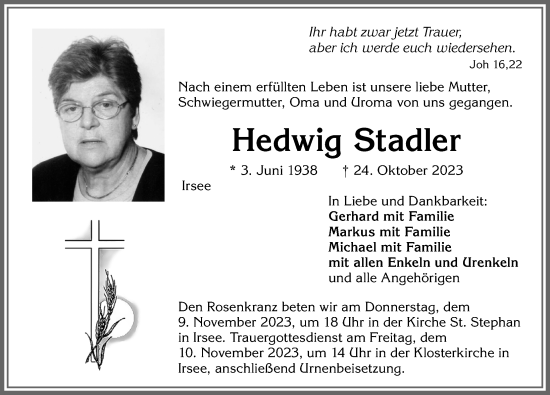 Traueranzeige von Hedwig Stadler von Allgäuer Zeitung, Kaufbeuren/Buchloe