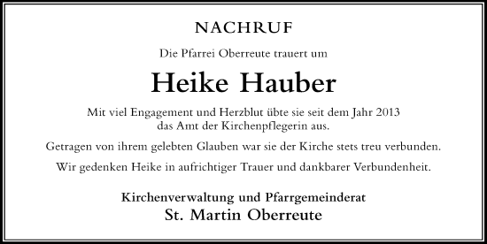 Traueranzeige von Heike Hauber von Der Westallgäuer