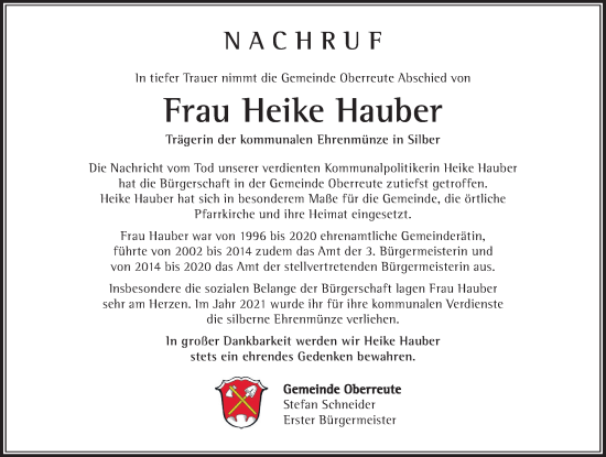 Traueranzeige von Heike Hauber von Der Westallgäuer