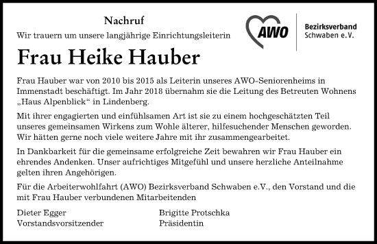 Traueranzeige von Heike Hauber von Der Westallgäuer
