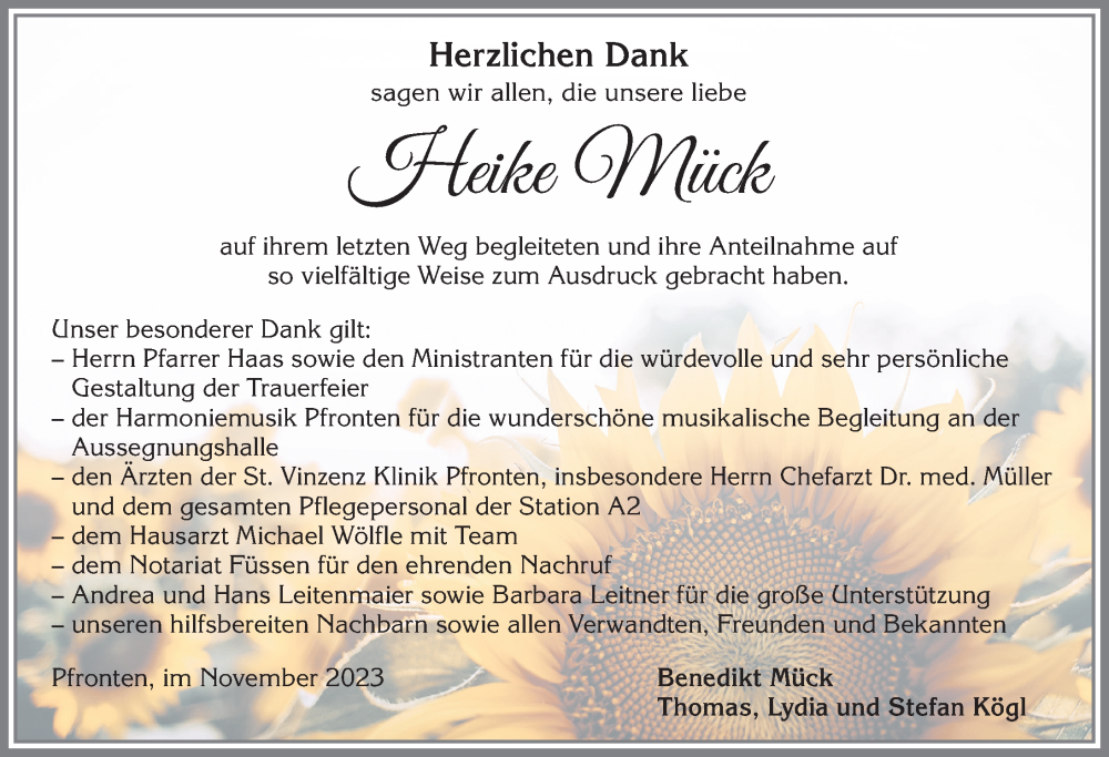  Traueranzeige für Heike Mück vom 10.11.2023 aus Allgäuer Zeitung, Füssen