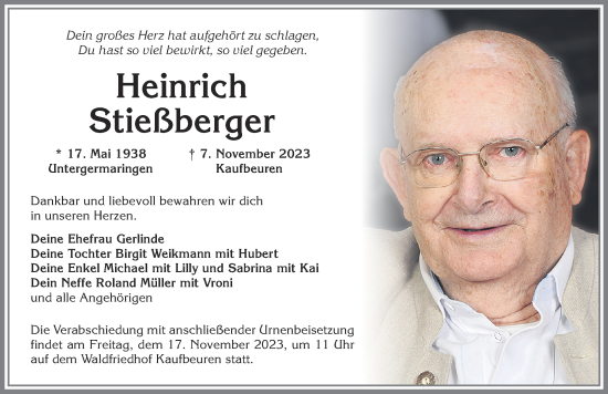 Traueranzeige von Heinrich Stießberger von Allgäuer Zeitung, Kaufbeuren/Buchloe
