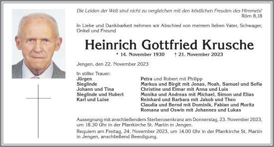Traueranzeige von Heinrich Gottfried Krusche von Allgäuer Zeitung, Kaufbeuren/Buchloe