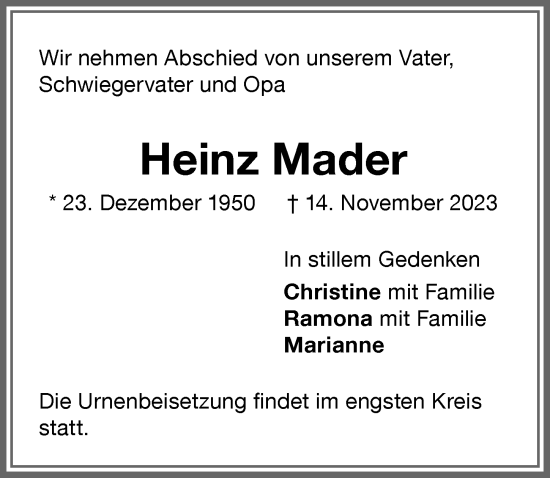 Traueranzeige von Heinz Mader von Memminger Zeitung
