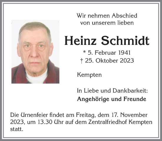 Traueranzeige von Heinz Schmidt von Allgäuer Zeitung,Kempten