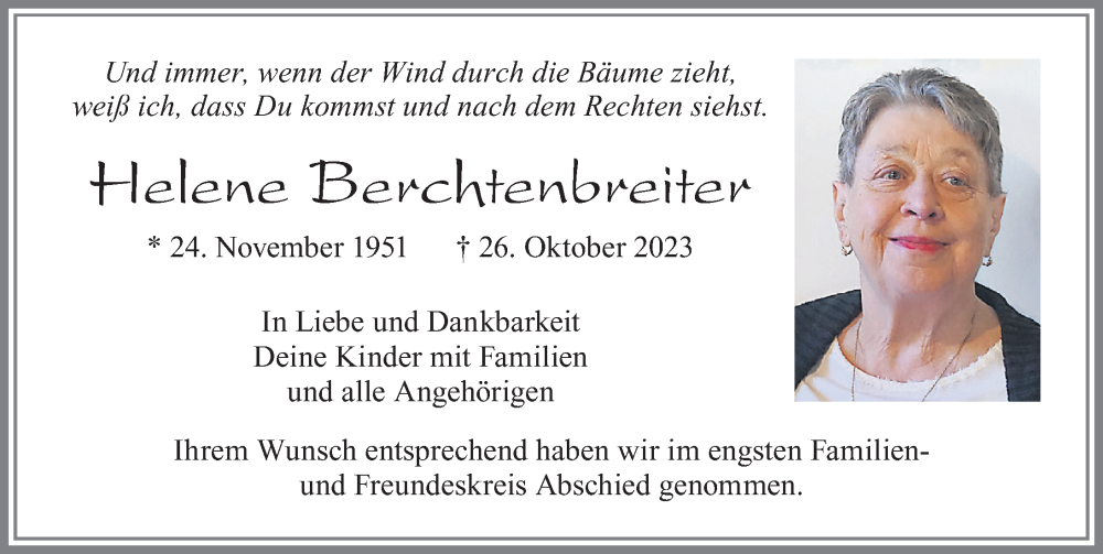  Traueranzeige für Helene Berchtenbreiter vom 11.11.2023 aus Allgäuer Zeitung, Marktoberdorf