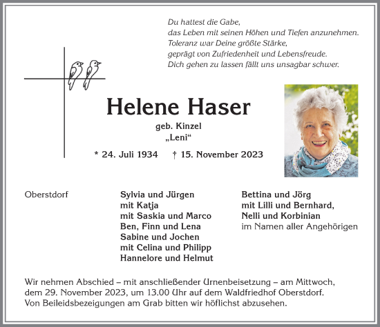 Traueranzeige von Helene Haser von Allgäuer Anzeigeblatt
