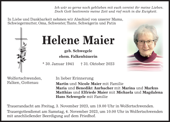 Traueranzeige von Helene Maier von Memminger Zeitung
