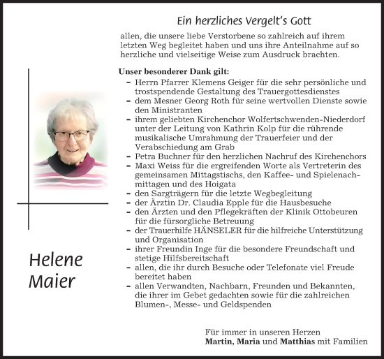 Traueranzeige von Helene Maier von Memminger Zeitung