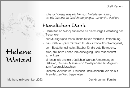 Traueranzeige von Helene Wetzel von Der Westallgäuer
