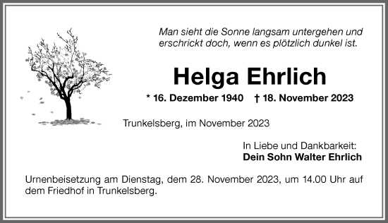 Traueranzeige von Helga Ehrlich von Memminger Zeitung