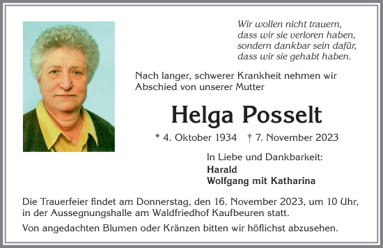 Traueranzeige von Helga Posselt von Allgäuer Zeitung, Kaufbeuren/Buchloe