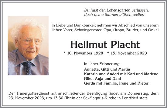 Traueranzeige von Hellmut Placht von Allgäuer Zeitung,Kempten