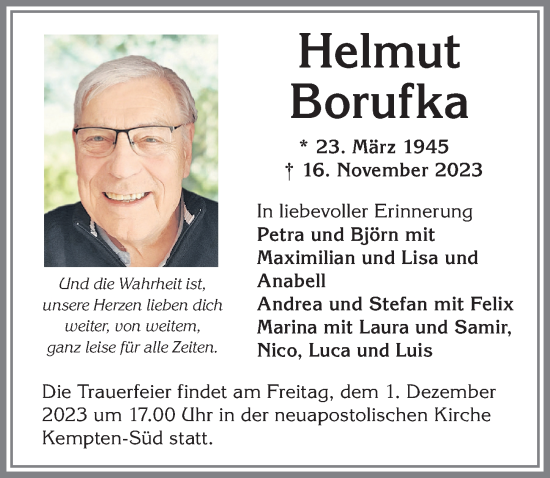 Traueranzeige von Helmut Borufka von Allgäuer Zeitung,Kempten