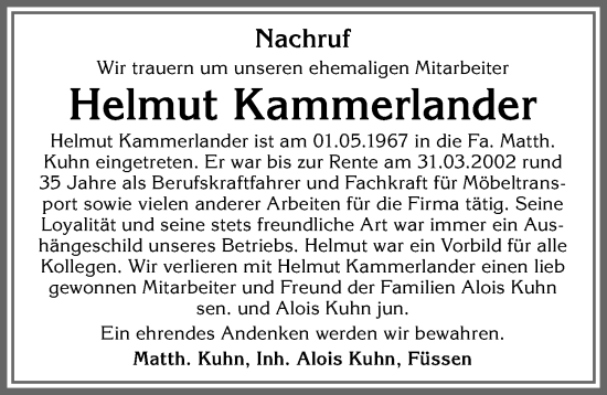 Traueranzeige von Helmut Kammerlander von Allgäuer Zeitung, Füssen