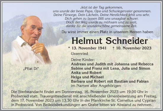 Traueranzeige von Helmut Schneider von Allgäuer Anzeigeblatt