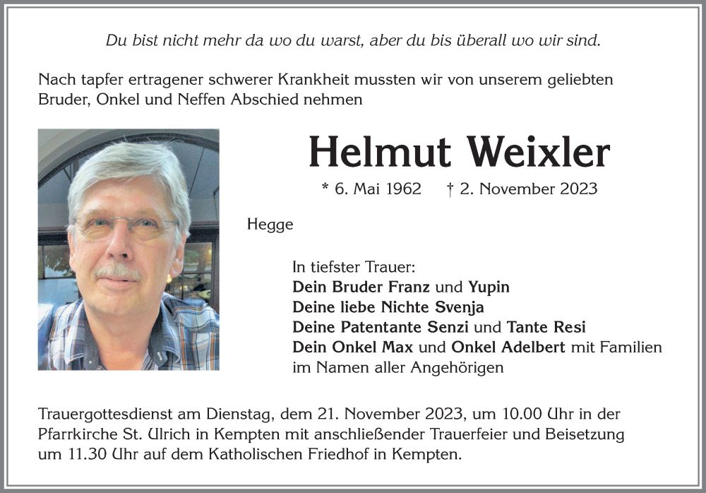  Traueranzeige für Helmut Weixler vom 11.11.2023 aus Allgäuer Zeitung,Kempten