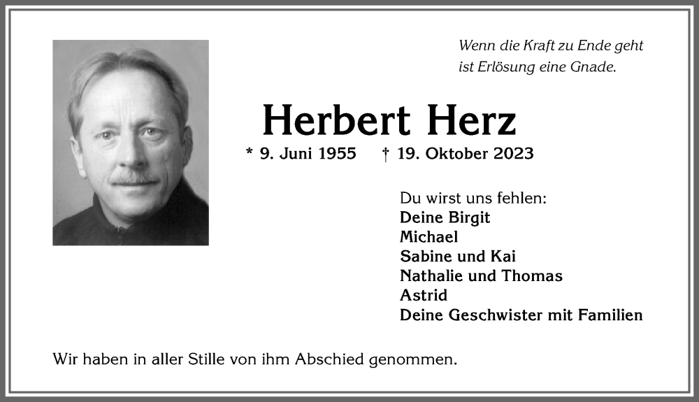 Traueranzeige für Herbert Herz vom 02.11.2023 aus Allgäuer Anzeigeblatt