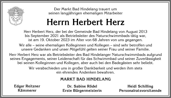 Traueranzeige von Herbert Herz von Allgäuer Anzeigeblatt