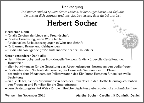 Traueranzeige von Herbert Socher von Allgäuer Zeitung,Kempten