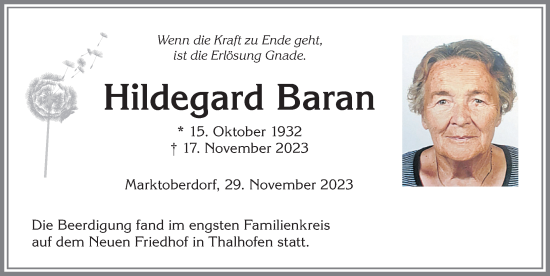 Traueranzeige von Hildegard Baran von Allgäuer Zeitung, Marktoberdorf