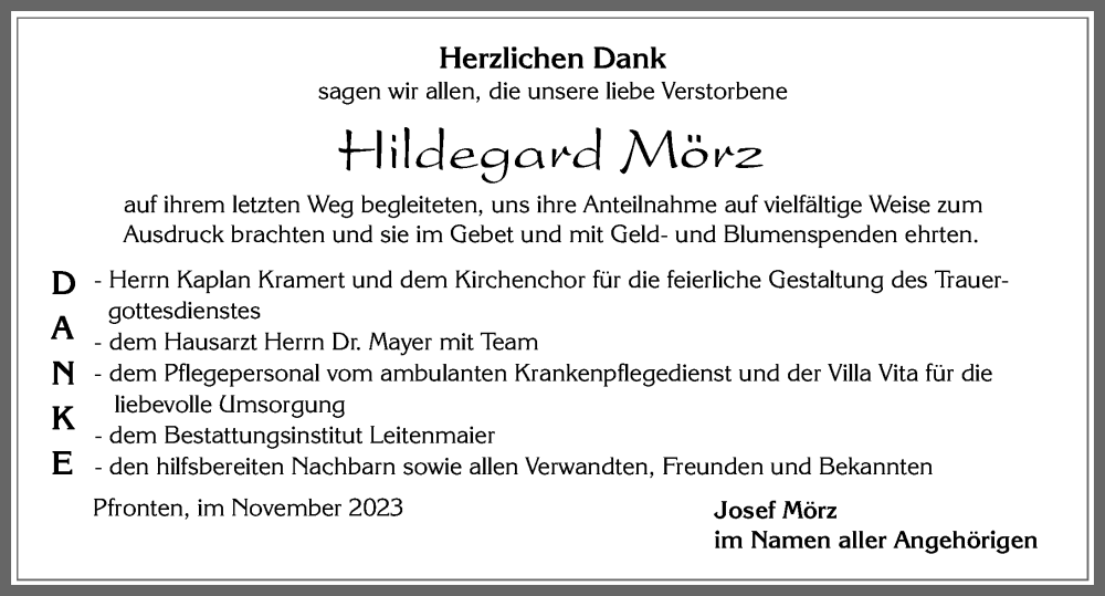  Traueranzeige für Hildegard Mörz vom 29.11.2023 aus Allgäuer Zeitung, Füssen
