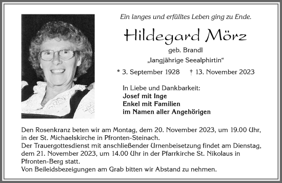Traueranzeige von Hildegard Mörz von Allgäuer Zeitung, Füssen