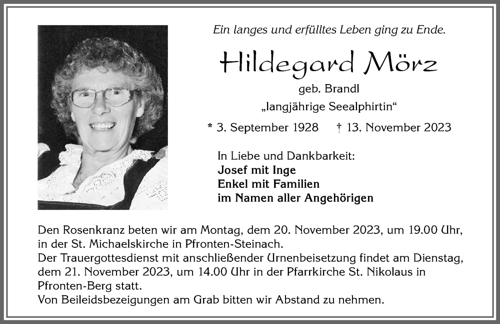  Traueranzeige für Hildegard Mörz vom 17.11.2023 aus Allgäuer Zeitung, Füssen