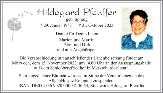 Traueranzeige von Hildegard Pfeuffer von Allgäuer Zeitung, Marktoberdorf