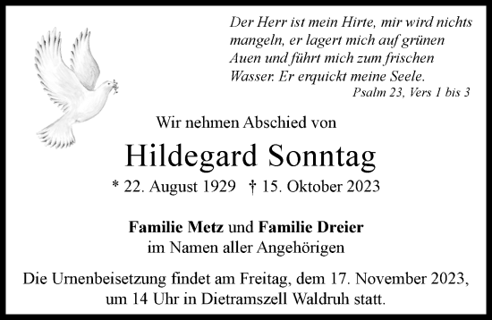 Traueranzeige von Hildegard Sonntag von Allgäuer Zeitung,Kempten